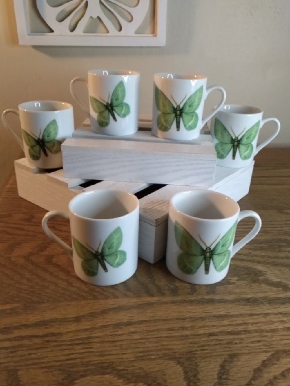 Green Butterfly Porcelain Mugs - Set of 6